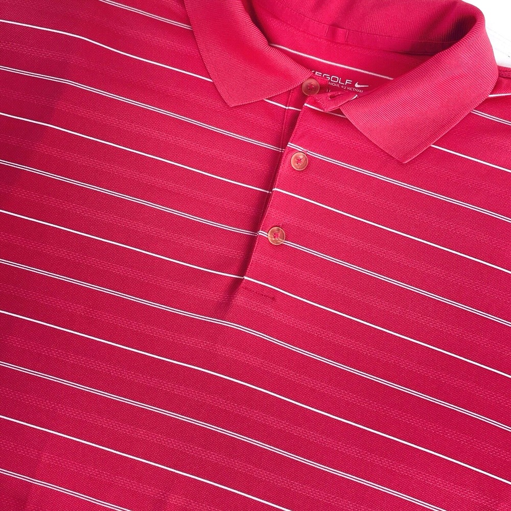 Nike‎ Golf Polo Large Dri Fit Performance Pink Striped Wicking Short Sleeve Mens